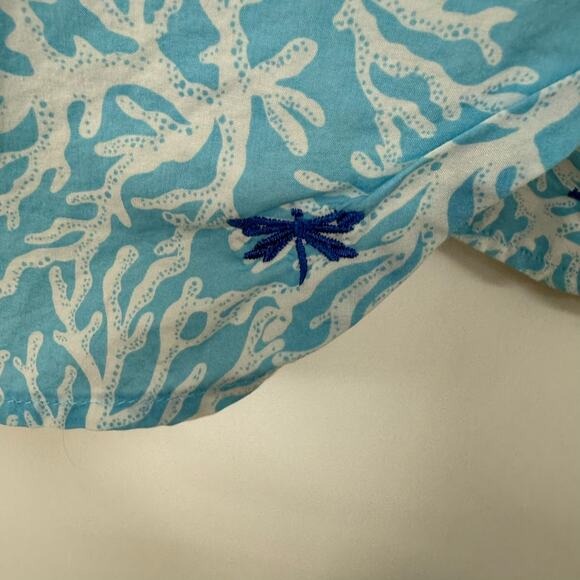 Talbots Shirt Women M Blue White Coral Reef Print Button Up Roll-tab Long Sleeve - Picture 7 of 10